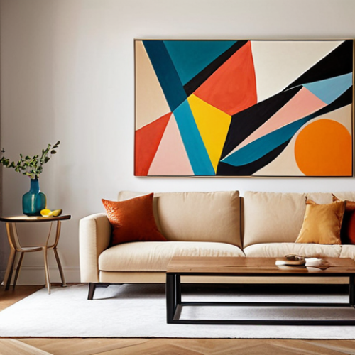 **

`A modern living room featuring a large, vibrant abstract art canvas above a beige sofa. The artwork uses bold colors and flowing lines, creating a strong visual impact. The overall style of the room is minimalist with clean lines and a focus on natural light. Emphasize the contrast between the geometric shapes in the art and the soft textures of the furniture.`

**