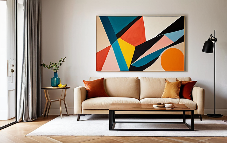 **

`A modern living room featuring a large, vibrant abstract art canvas above a beige sofa. The artwork uses bold colors and flowing lines, creating a strong visual impact. The overall style of the room is minimalist with clean lines and a focus on natural light. Emphasize the contrast between the geometric shapes in the art and the soft textures of the furniture.`

**