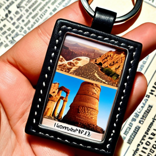 **Close-up of a personalized handmade keychain.** Focus on the details: unique materials (leather, acrylic, metal), customized with names, photos, or travel landmarks, expressing individuality and memories.