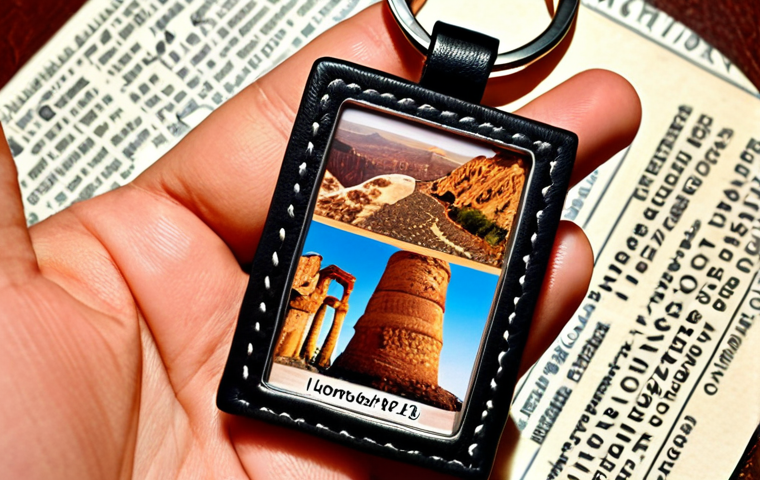 **Close-up of a personalized handmade keychain.** Focus on the details: unique materials (leather, acrylic, metal), customized with names, photos, or travel landmarks, expressing individuality and memories.