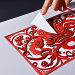**Modern Kirigami Art**: A close-up shot of an intricate kirigami (paper cutting) artwork showcasing a blend of traditional Chinese auspicious motifs (like 福, 禄, 寿, 喜) with modern design elements. The style should be artistic and fashionable, emphasizing the delicate cuts and the interplay of light and shadow. Use high-quality colored paper, possibly with a subtle texture.