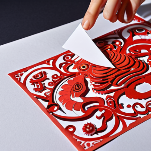 **Modern Kirigami Art**: A close-up shot of an intricate kirigami (paper cutting) artwork showcasing a blend of traditional Chinese auspicious motifs (like 福, 禄, 寿, 喜) with modern design elements. The style should be artistic and fashionable, emphasizing the delicate cuts and the interplay of light and shadow. Use high-quality colored paper, possibly with a subtle texture.