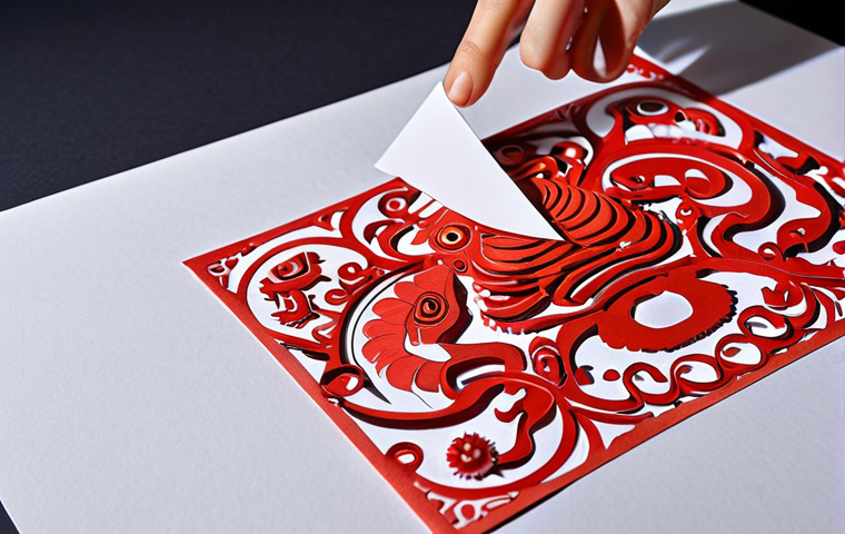 **Modern Kirigami Art**: A close-up shot of an intricate kirigami (paper cutting) artwork showcasing a blend of traditional Chinese auspicious motifs (like 福, 禄, 寿, 喜) with modern design elements. The style should be artistic and fashionable, emphasizing the delicate cuts and the interplay of light and shadow. Use high-quality colored paper, possibly with a subtle texture.